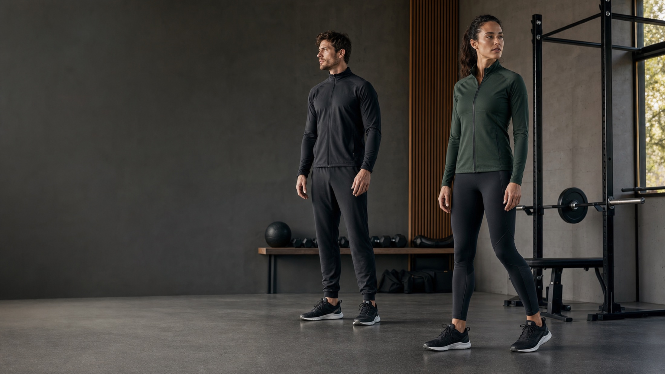 Premium indoor fitness and training garments in a contemporary gym